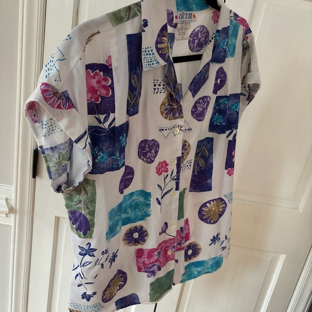 Vintage Act III Made in USA Button Up Cuffed Floral Seashell Shirt Size XL 16 - Picture 9 of 9